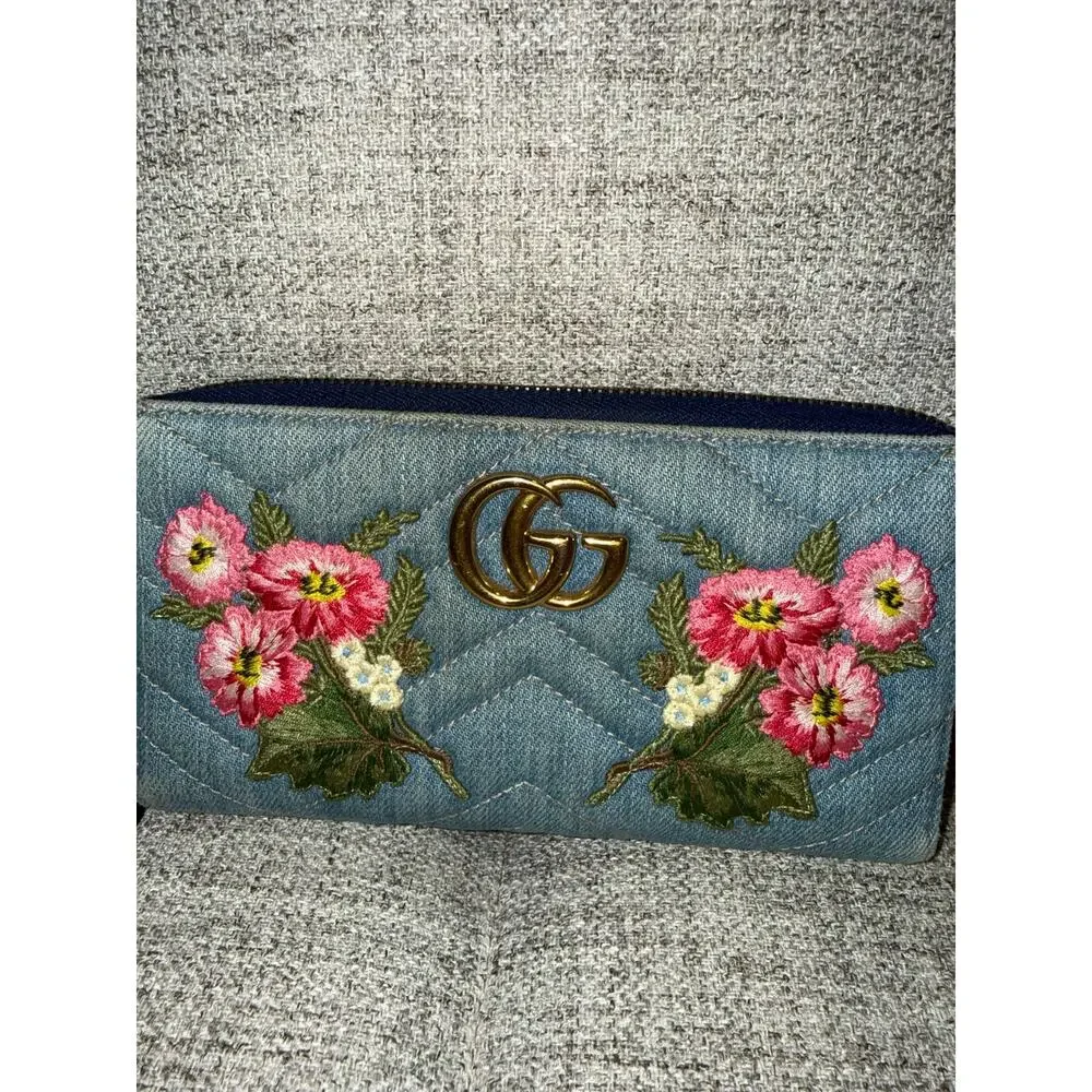 GG Marmont Floral Embroidered Quilted Denim Zip-Around Wallet
